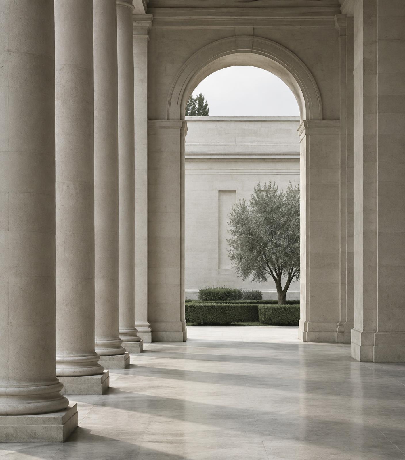 Limestone colonnade framing a quiet courtyard