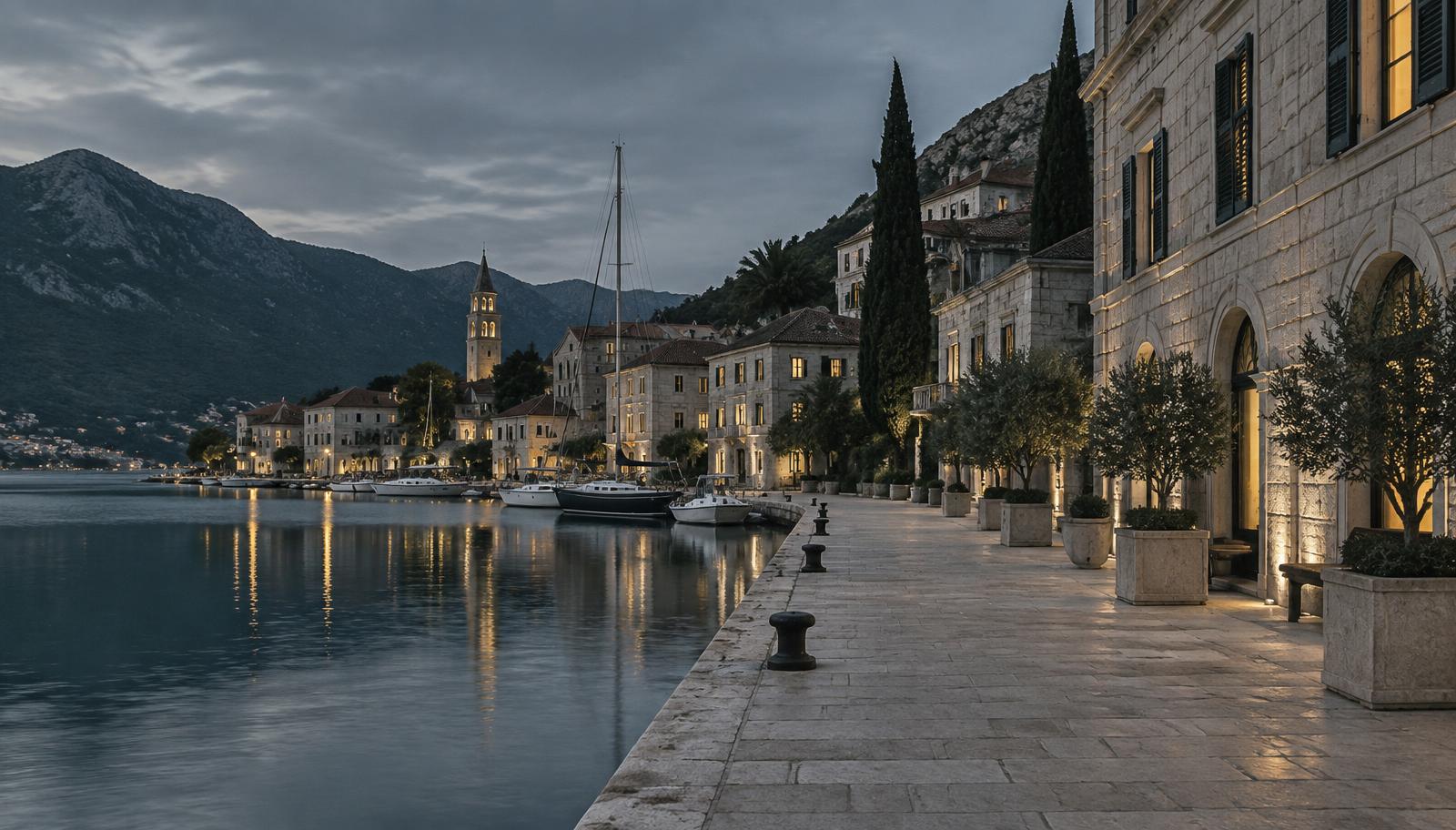 Quiet European harbour at dusk